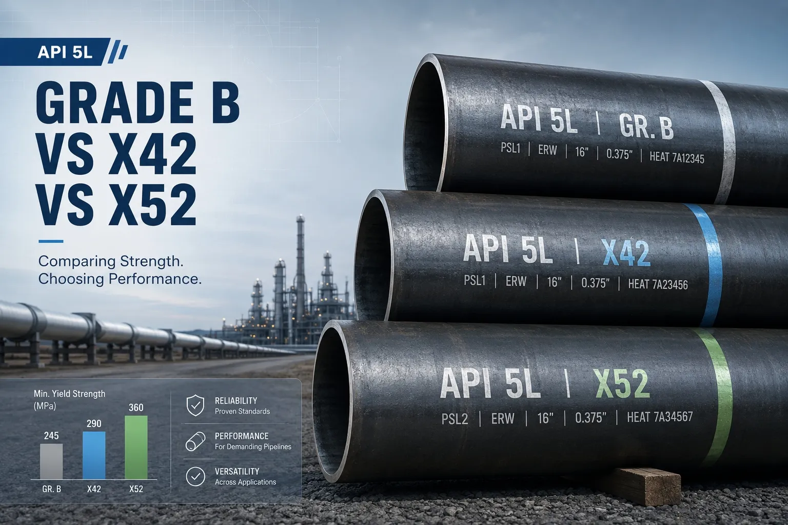 API 5L Grade B,API 5L X42,API 5L X52,API 5L pipe grade comparison,API 5L X42 pipe application,API 5L X52 line pipe,API 5L PSL1 pipe