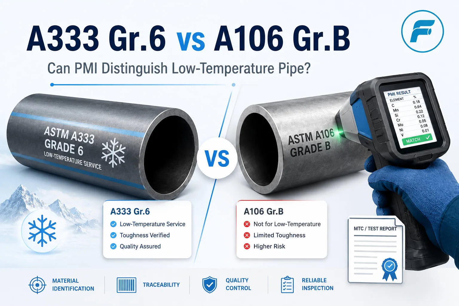 ASTM A333 Grade 6,ASTM A106 Grade B,PMI testing,low-temperature pipe,Charpy impact test