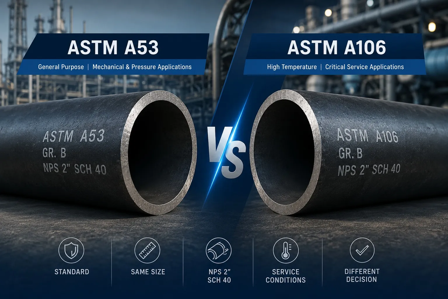 ASTM A53 vs A106 pipe,difference between A53 and A106 Grade B,A53 Grade B vs A106 Grade B,can ASTM A53 replace A106,A106 high temperature pipe
