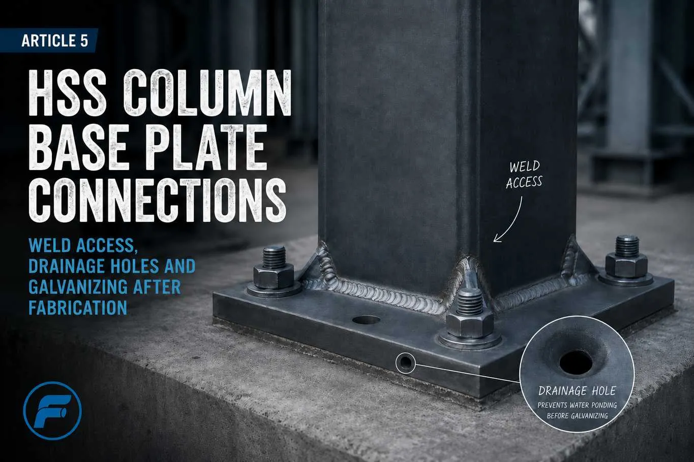 HSS base plate,HSS column connection,weld access,drainage holes,galvanizing