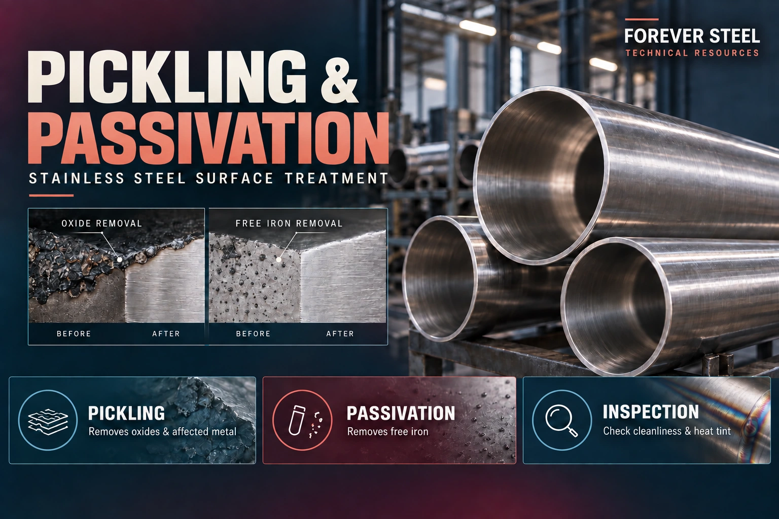 stainless steel pipe pickling and passivation,weld heat tint removal,free iron test,ASTM A380 vs A967