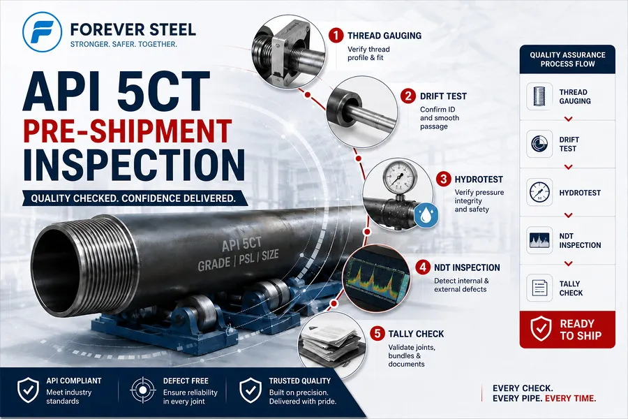 API 5CT Pre-Shipment Inspection: Thread Gauging, Drift Test, Hydrotest, NDT and Tally Check