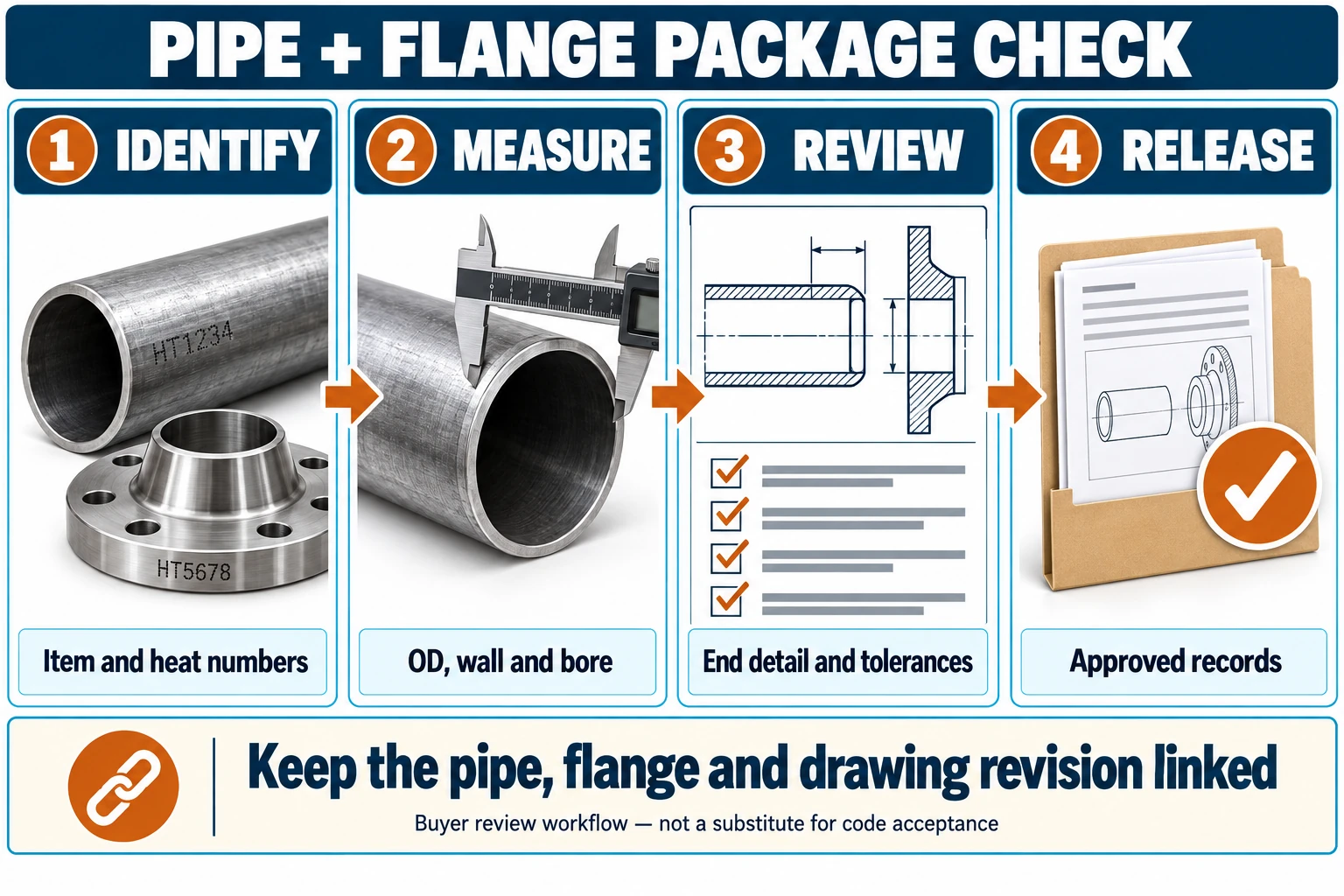 Pipe and flange fit-up inspection workflow showing identification, bore measurement, alignment review and records