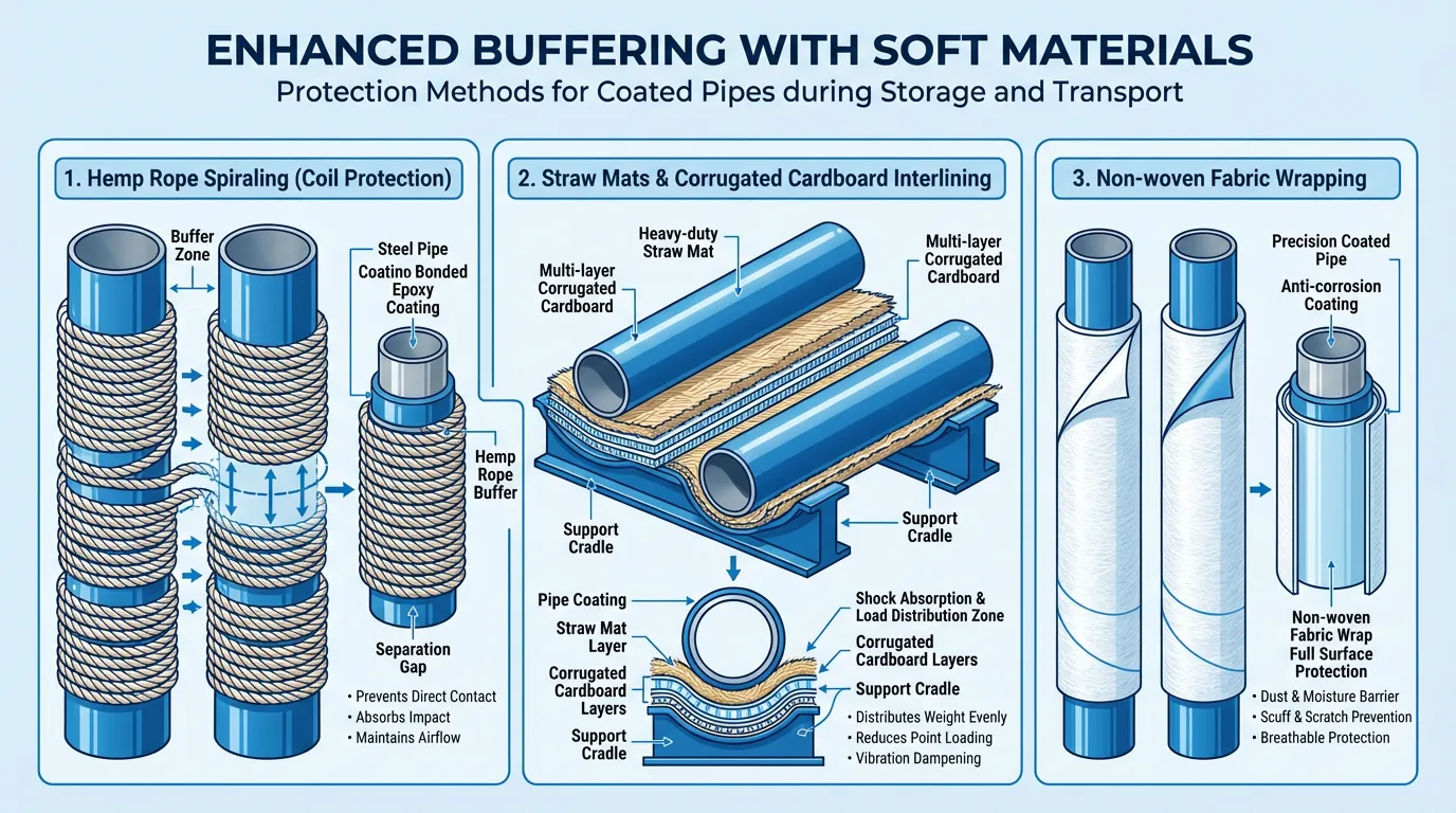 Coated steel pipe transportation,3LPE pipe protection,FBE coating safety,steel pipe logistics Middle East,hemp rope pipe buffering
