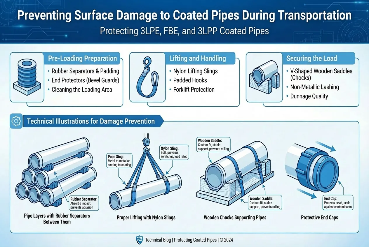 Coated steel pipe transportation,3LPE pipe protection,FBE coating safety,steel pipe logistics Middle East,hemp rope pipe buffering