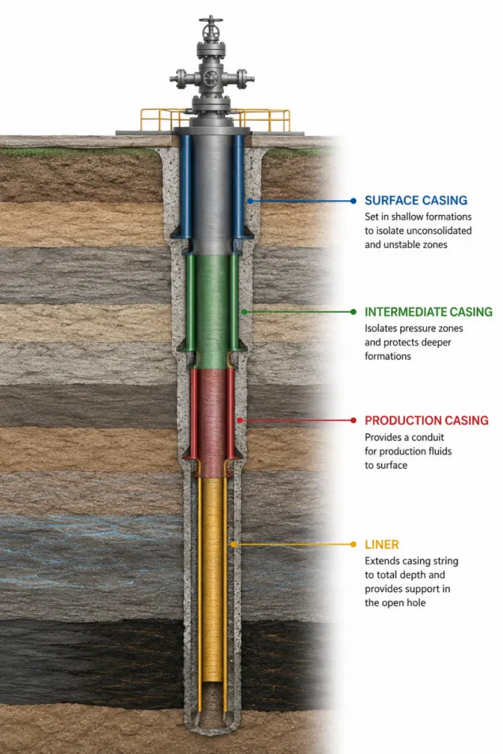 surface casing,intermediate casing,production casing,liner,API 5CT casing