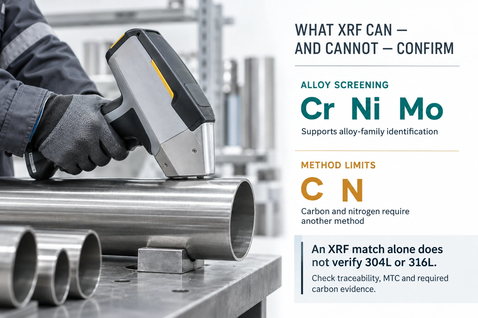stainless steel PMI testing,can XRF identify 316L,304L 316L verification,XRF vs OES,PMI report template