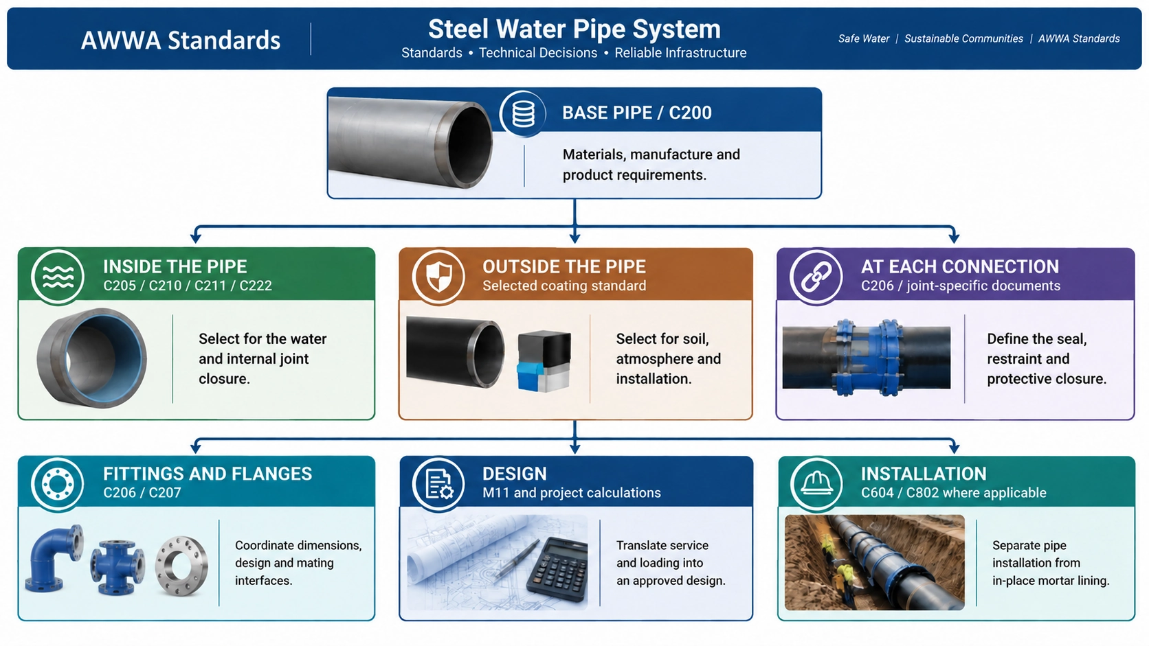 AWWA steel pipe standards list,AWWA C200 related standards,C205 vs C210 vs C213,AWWA C207 flanges,AWWA M11