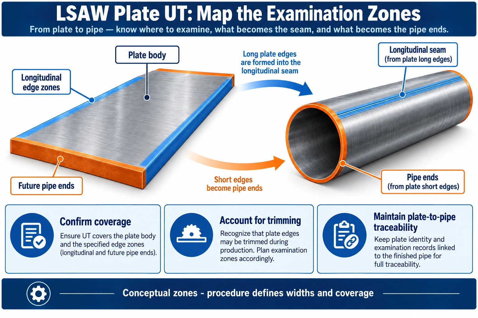 LSAW plate ultrasonic testing,plate lamination testing,ASTM A578,EN 10160 edge zones