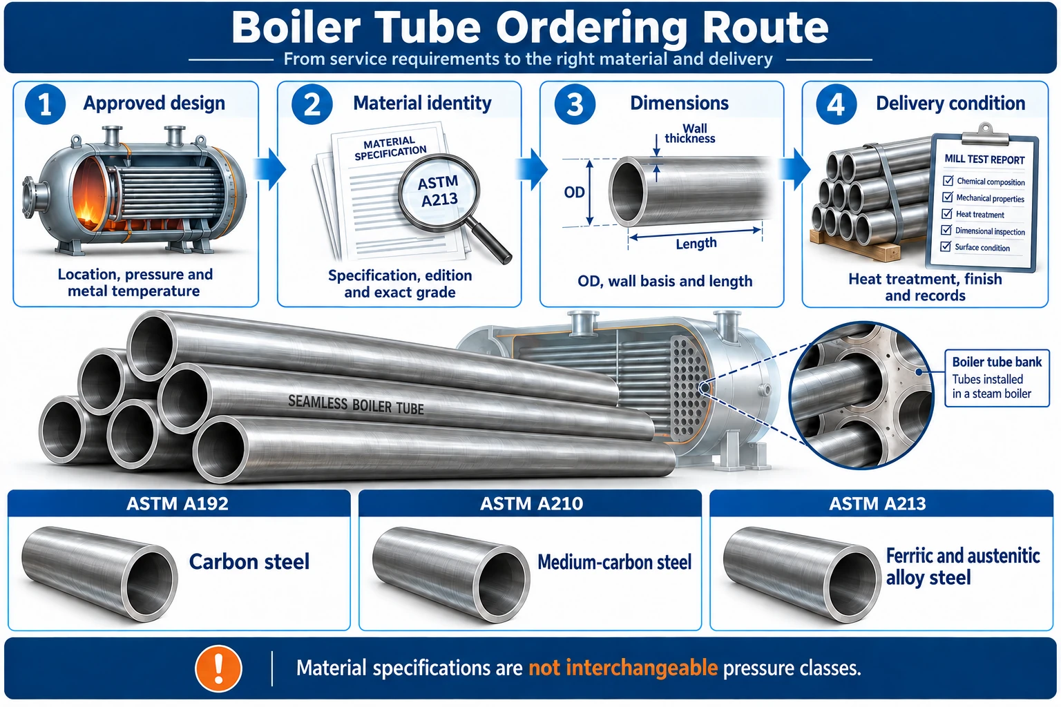 ASTM A192 boiler tubes,ASTM A210 boiler tubes,ASTM A213 boiler tubes,boiler tube material selection