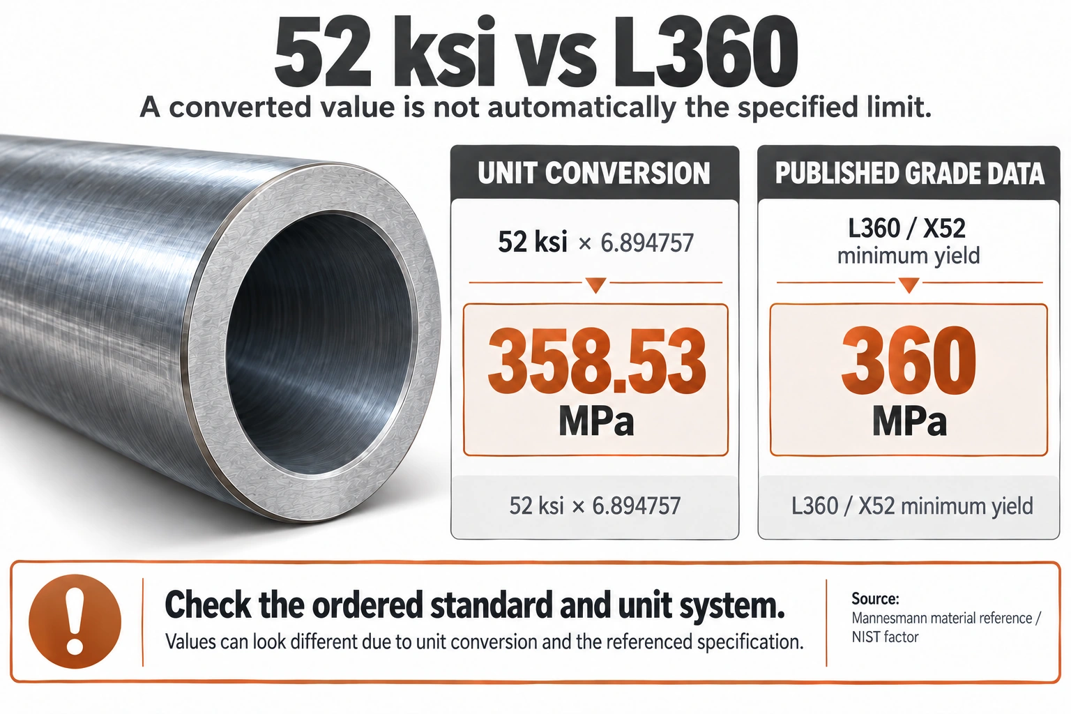 steel pipe MTC yield strength,steel pipe tensile strength MPa,pipe MTC ksi to MPa,API 5L X52 L360 yield strength,steel pipe mechanical test results