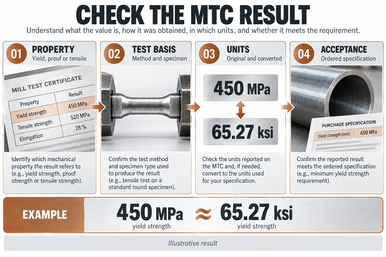 steel pipe MTC yield strength,steel pipe tensile strength MPa,pipe MTC ksi to MPa,API 5L X52 L360 yield strength,steel pipe mechanical test results